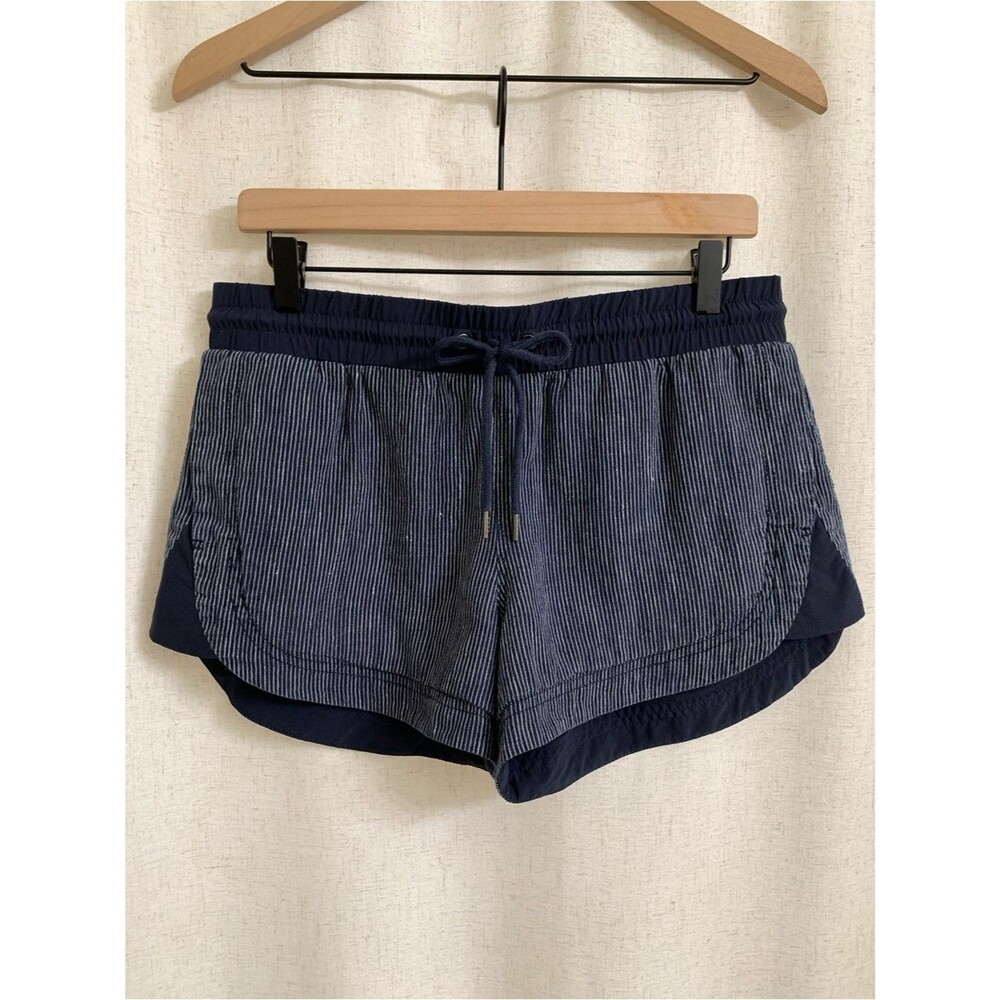 Athleta 100% Linen Navy White Pinstripe Athletic Outdoor Beach Shorts 8 Pockets